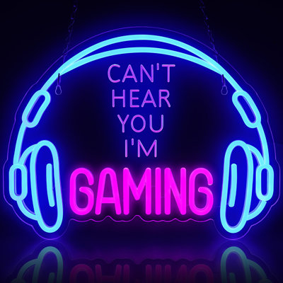 Enseigne au néon de jeu, grand casque lumineux à DEL de couleur vive et à intensité variable, enseigne de jeu au néon et casque USB alimenté pour la zone de jeu, décoration murale de la chambre à coucher vidéo (Don't Hear You I'm Gaming)