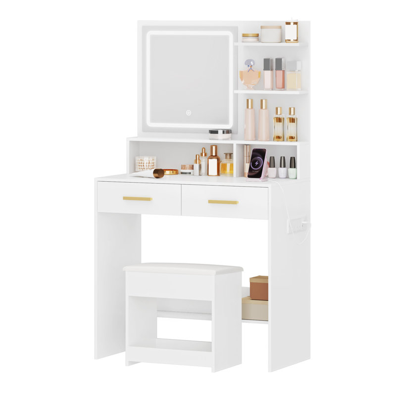 Dressing Table with Adjustable LED Lights, Rechargeable AC Socket and USB Port, Vanity Makeup with Soft Dressing Stool, 2 Drawers, Open Organisers, for Bedroom, Cloakroom