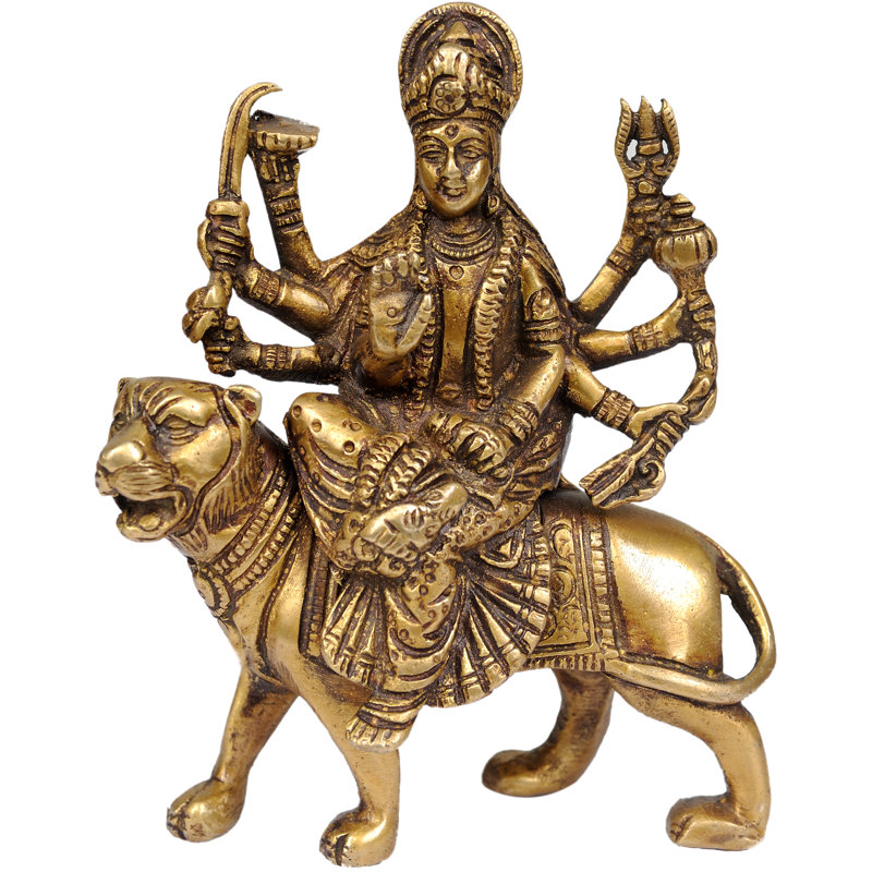 Handmade 5" Goddess Durga Brass Idol – Simhavahini, Eight-armed, Indian Spiritual Decor for Puja, Altar & Protection