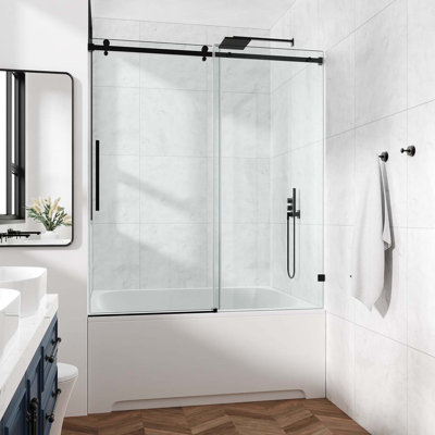 Porte de douche à panneau simple sans cadre l 44 à 48 po x H 60 po avec cadre en acier inoxydable noir mat et verre trempé de 3/8 po