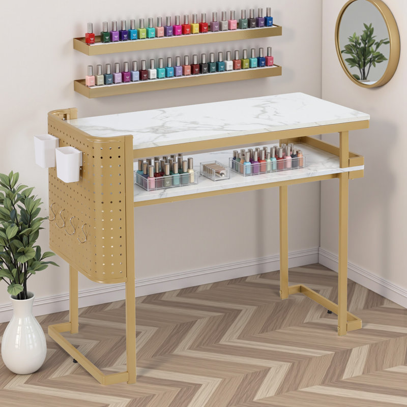 43.2"W Nail Table with Pegboard Panel & 2 Built-In Outlets and USB Ports