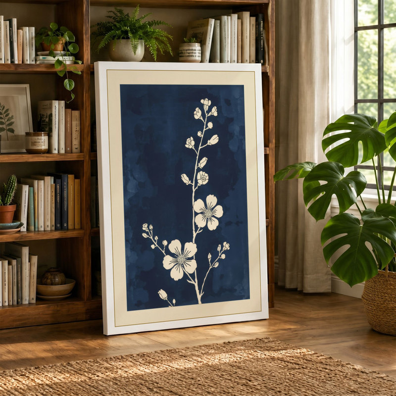 White Blossoms on Navy Japandi 1 Piece Wrapped Canvas Wall Art, 30x20 - 76.2 x 50.8 cm, Ochre Border