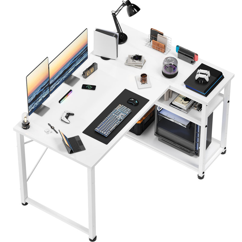 Ambus L Shape Computer Desk, 110cm W x 80cm D, Right Hand, White/Beige