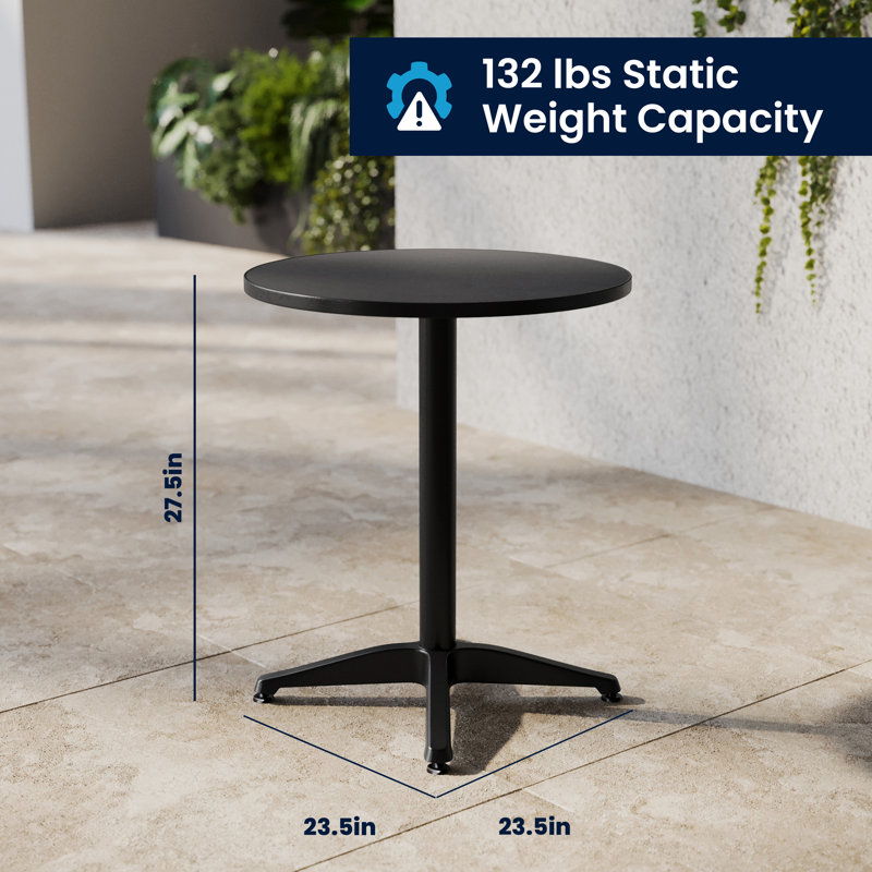 Moraal Round Aluminum Indoor-Outdoor Table Set with 2 Slat Back Chairs, 27.25" H x 23.5" W x 23.5" D, Black