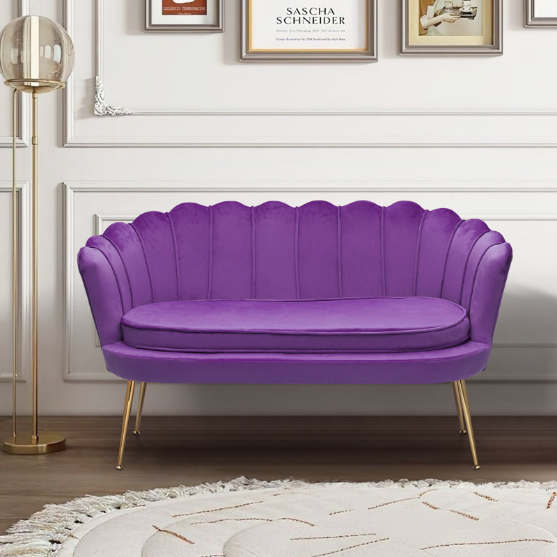 Upholstered Velvet Loveseat Sofa with Pillows and Gold Metal Legs for Living Room, Bedroom, Office, Purple Polyurethane