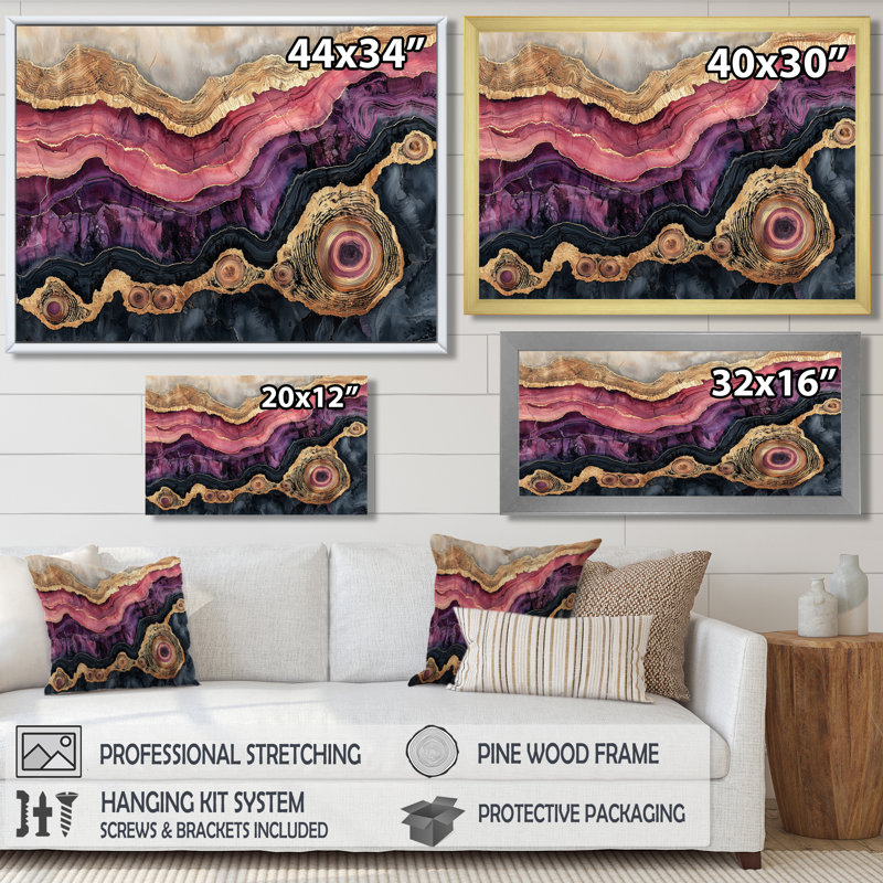 Abstract Rosa Marble And Amethyst Stone Slide IV - Stone Geode Wall Art, 30" H x 40" W, Single Picture Framed, Black