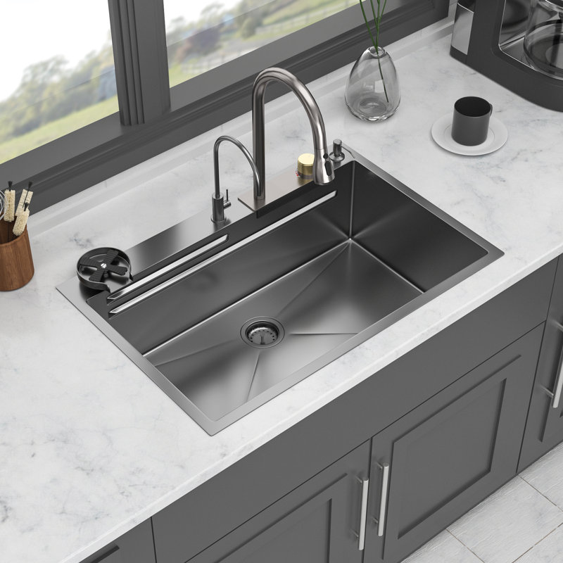Évier de cuisine en acier inoxydable de calibre 16 de 33 po x 22 po avec robinet coulissant, laveuse de tasses et grille de vaisselle pour planche à découper