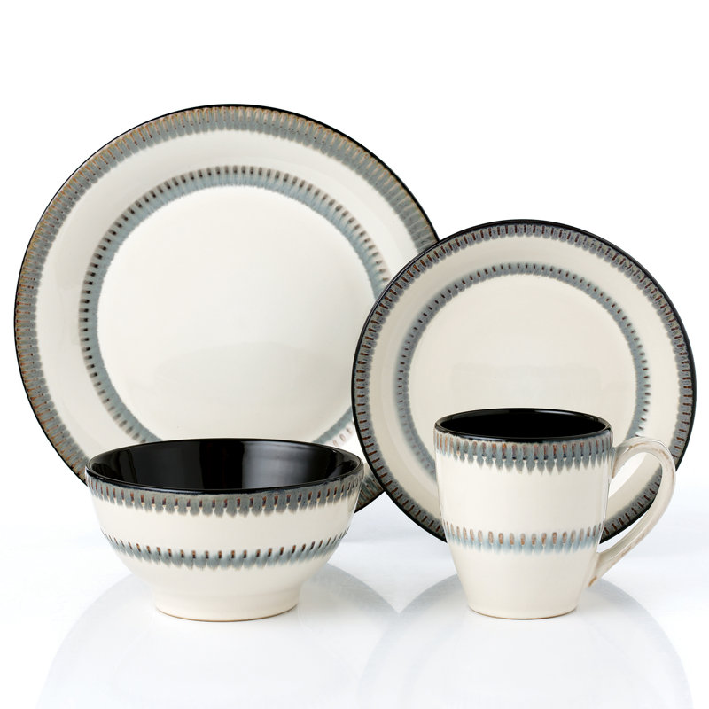 White Ceramic Bohemian 16-Piece Dinnerware Set with Trim Embellishment