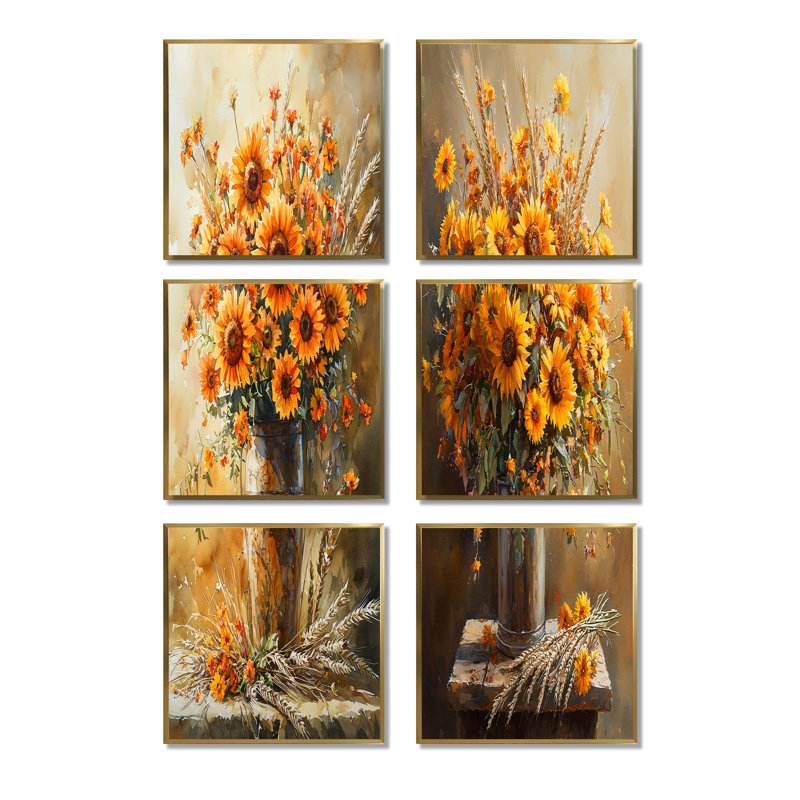 «Golden Hour Harvest Blooms», ensemble de 6 impressions murales florales, Impression encadrée sans passe-partout, Doré