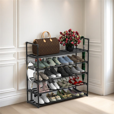 5-Layer Metal Shoe Rack, Adjustable Shoe Rack Storage Organizer With Hooks, Stackable Boot And Shoe Storage For Entrance, Hallway, Closet, Black