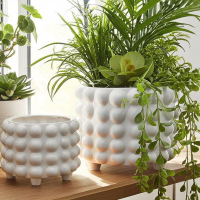 Stoneware and Porcelain Planter with Textured Bubble Design and Raised Spherical Surface Detailing for Decorative Accent and Modern Style Set of 2