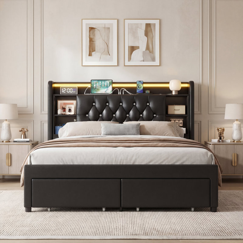 Upholstered Platform Bed, LED Bed Frame with Charging, Storage Headboard, Queen, Black