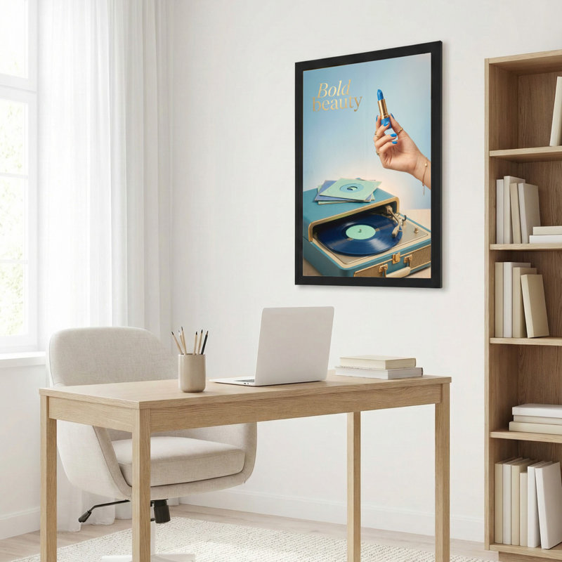 Ensemble de 1 tableau sur toile tendue représentant un rouge à lèvres et un disque vinyle audacieusement mis en valeur