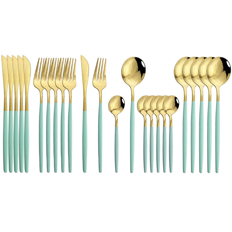 Flatware Serving Set 24 Piece, Green Gold