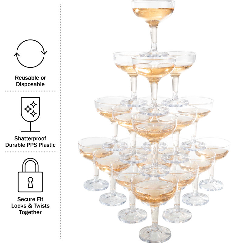 Paquet de 100 verres à champagne en plastique Reinlinde - 5 verres coupés réutilisables ou jetables avec rainures pour créer une tour à champagne pour les mariages par Lavish Home