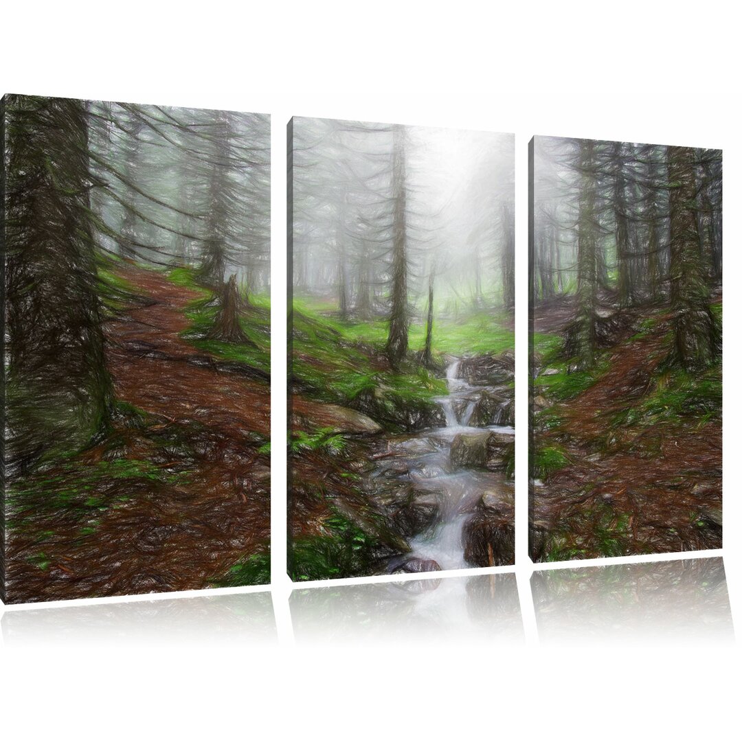 3-tlg. Leinwandbilder-Set „Bach im Wald“, Grafikdruck