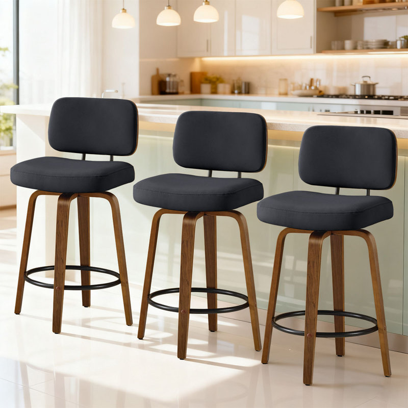 27" Set of 3 Swivel Faux Leather Counter Height Bar Stools with Backrest,Black, Black, 3