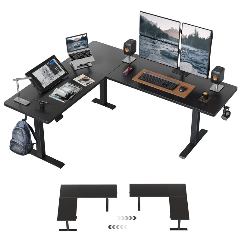 Bureau debout réglable en L 75 po, Noir / Noir, H 28,3 po x l 75 po x P 63 po