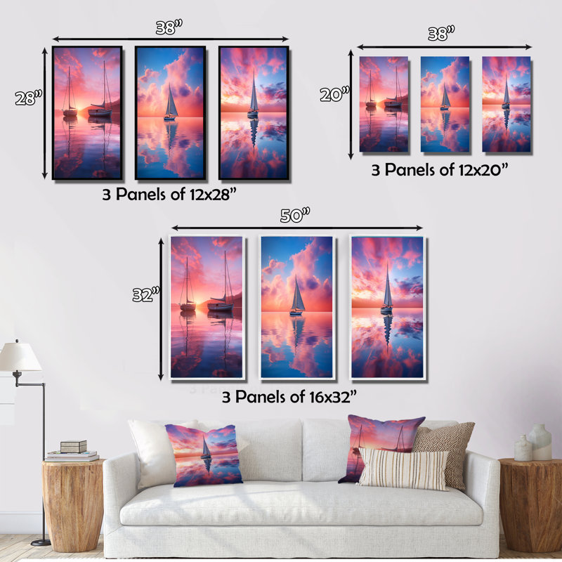 "Voilier blanc, rose, bleu, coucher de soleil, réflexion I", 3 pièces sur toile, Toile tendue, H 28 po x l 36 po