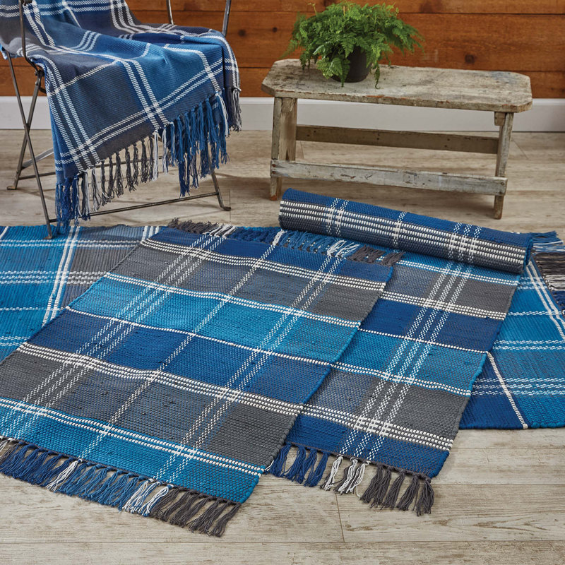 Tapis bleu / gris en coton tissé à la main Allianora, Rectangle 3 pi x 5 pi