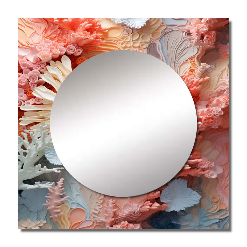 Kittie - Grand miroir mural carré sous-marin rose et blanc, 36 po x 36 po
