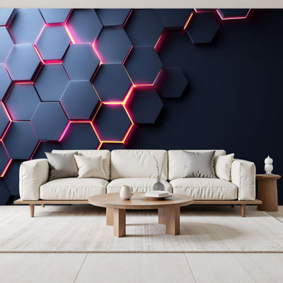 Papier peint 3D futuriste à  décoller et recoller, panneaux muraux hexagonaux haute technologie violet mat, murales lumineuses rose-violet, 254 cm (100 po) de hauteur x 366 cm (144 po) de largeur, papier peint en PVC amovible, décoration murale autocolla