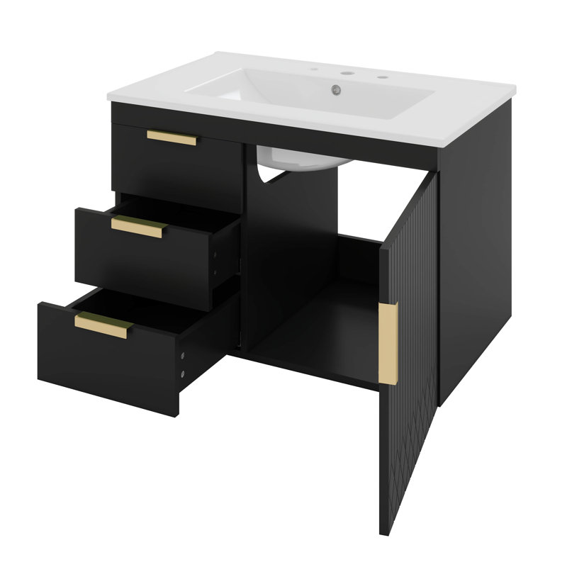 30'' Wall-Mounted Bathroom Cabinet Set With Ceramic Basin Sink, Soft-Close Doors & Drawer, Black