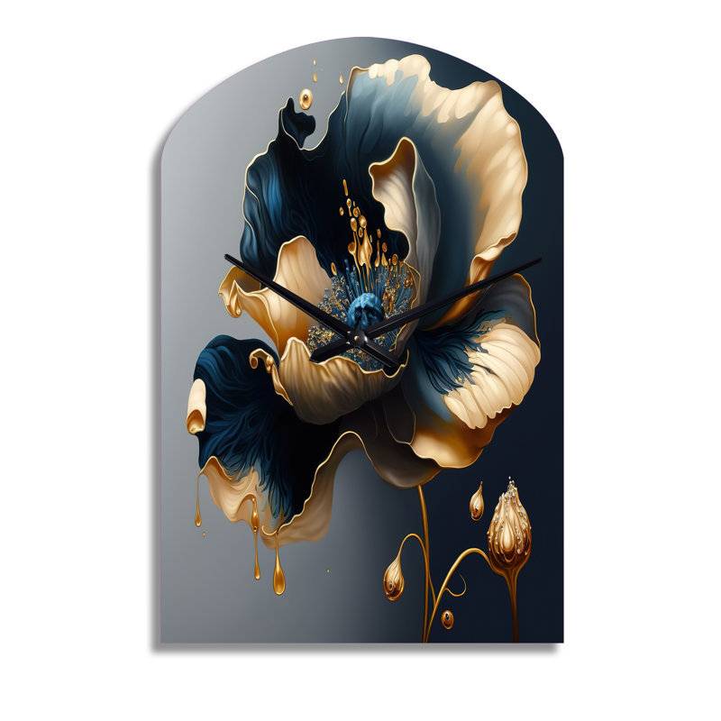Horloge murale asymétrique florale en métal bleu foncé et doré, Moyenne
