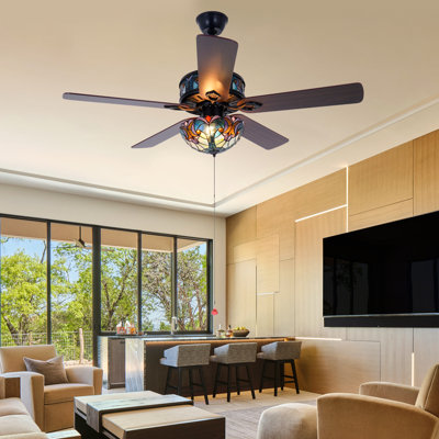 52" Vintage Ceiling Fan With Tiffany Style Stained Glass Shade