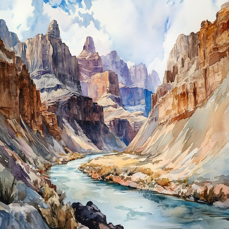 Murale aquarelle, paysage de rivière Canyon, 96" Lx 108" W