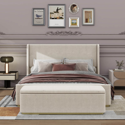 Luxueuse base de lit en velours côtelé avec repose-pieds de rangement spacieux de 130 L