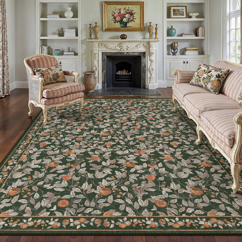  Aurelle Elegant Vintage Pomegranate Area Rug in Dark Green, Rectangle 9' x 12'