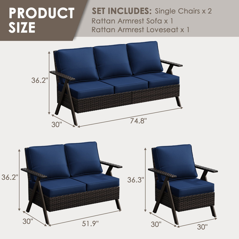 Ensemble de conversation d'extérieur en rotin 4 pièces avec coussins, Blue
