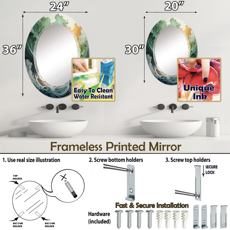 Neeja - Miroir mural floral ovale, 30 po x 20 po