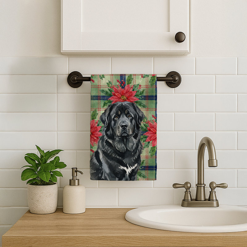 Black Tibetan Mastiff Christmas PoinsettIas Kitchen Towel, Black Tibetan Mastiff