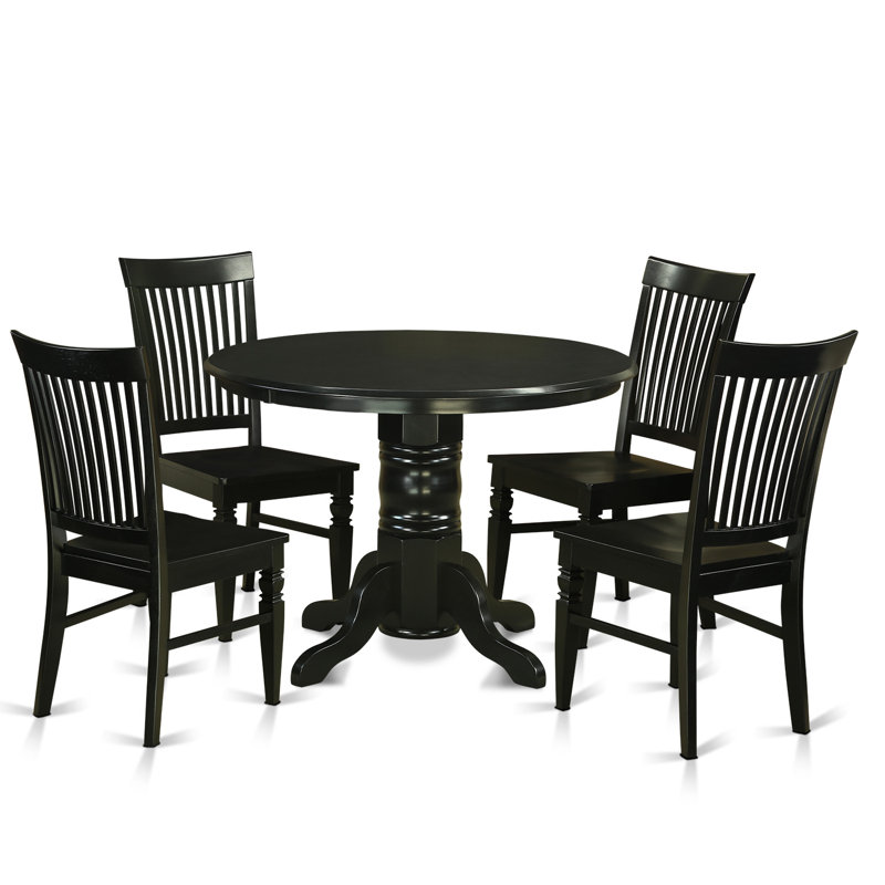 5 Piece Dining Room Furniture Set Includes a Round Dining Table with Pedestal and 4 Wood Seat Chairs, Black, Black