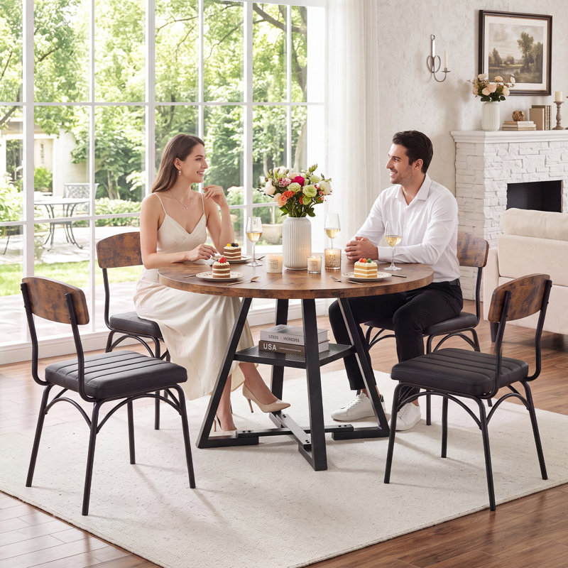 Round Dining Table Farmhouse Kitchen Table,Space Saving Dinner Table For Kitchen & Dining Room, Brown