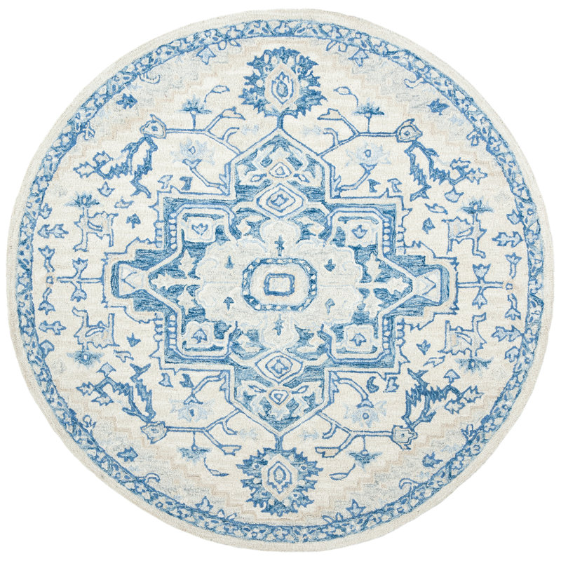 Cuvier Hand Tufted Wool Cotton Oriental Rug in Blue/Ivory, Round 3'
