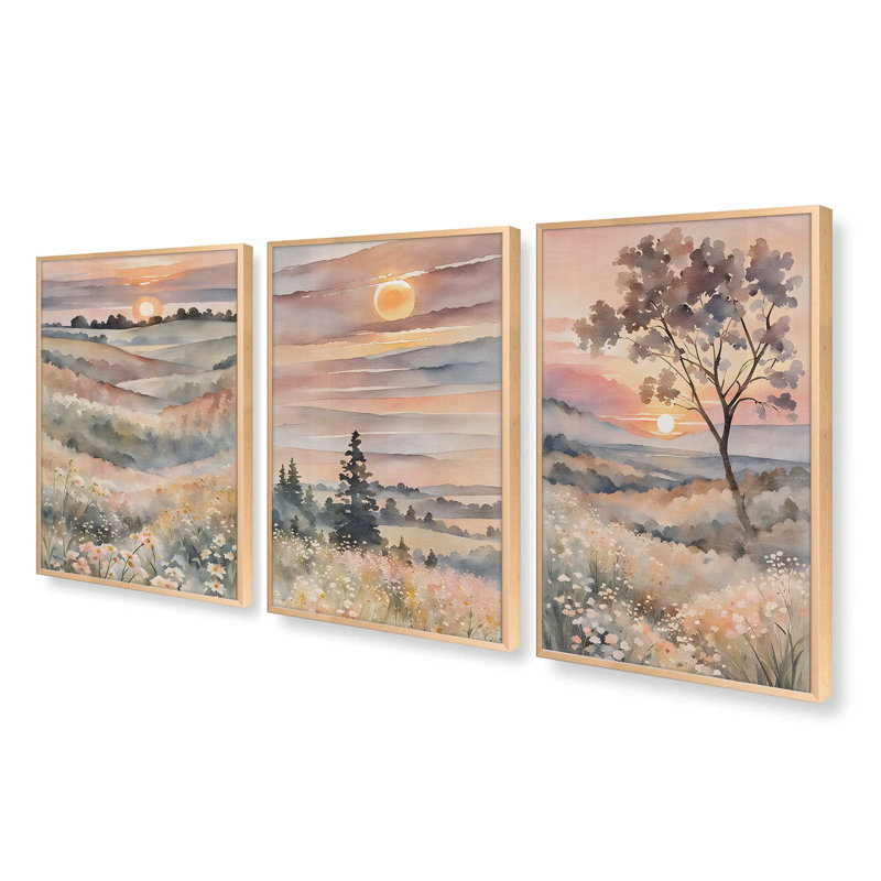 Coucher de soleil dans la vallée en fleurs, ensemble de 3 impressions, Érable brut encadré, H 21,5 po x l 33,5 po x P 1,25 po