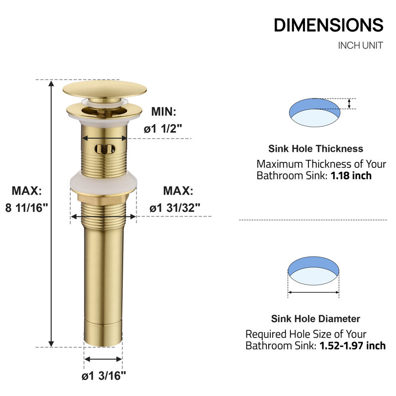 Pop Up Drain Strainer Stopper with Overflow for Bathroom Sink with Basket, Brushed Gold
