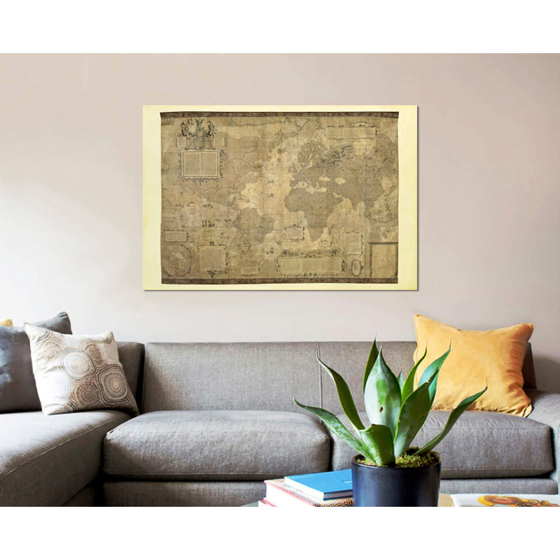 «Or bis Terrae Descriptio» par Gerardus Mercator, impression sur toile, Papier avec cadre noir, Blanc