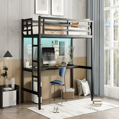 Lit simple, mezzanine en métal avec prise de courant et éclairage à DEL, peu encombrant, noir