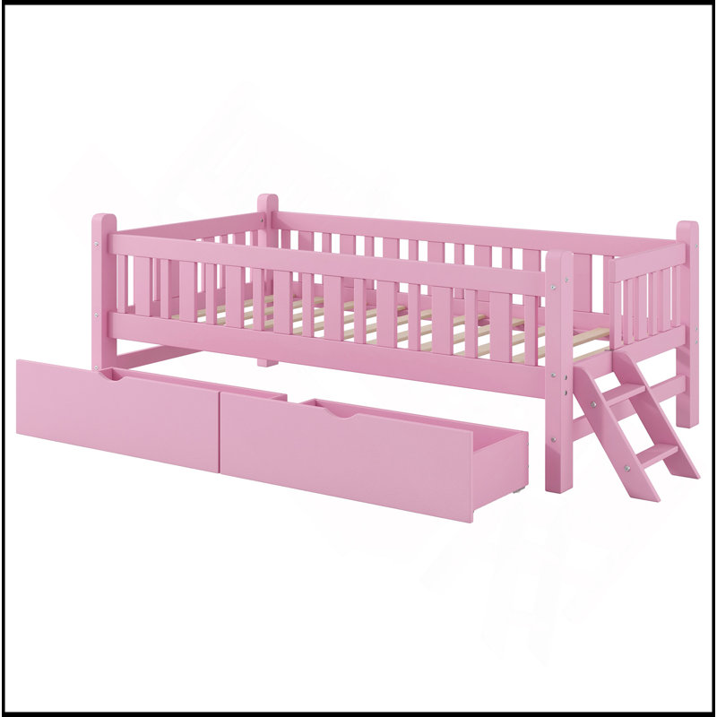 Lit plateforme robuste avec garde-corps et plusieurs options de rangement, Rose