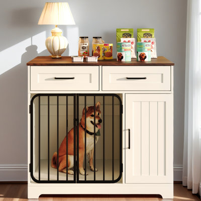 Table d'appoint pour chien avec cage à chien 37,4 po, chenil intérieur avec 2 tiroirs et armoire de rangement, meuble Modern