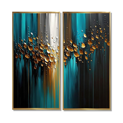 Abstract Geometric Green And Gold - Large Abstract Geometric Canvas Wall Art 2 Pieces