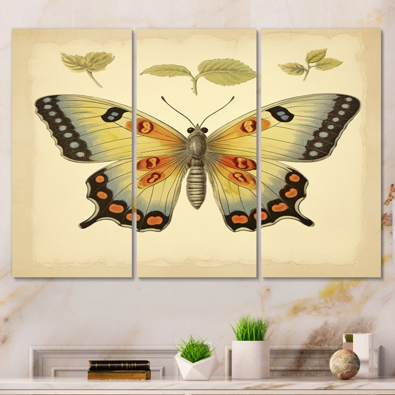 Illustration rétro d'un ensemble de salon avec art papillon et animaux, H 40 po x l 60 po x P 1 po