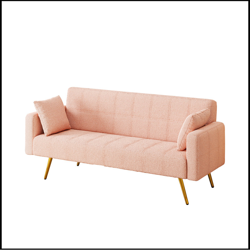 Canapé-lit pliant moderne en velours 71,26 po Quiniya avec deux coussins décoratifs pour le salon, Tissu rose