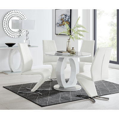 5-Piece Round Glass and Manufactured Wood Top Dining Set with Faux Leather Chairs