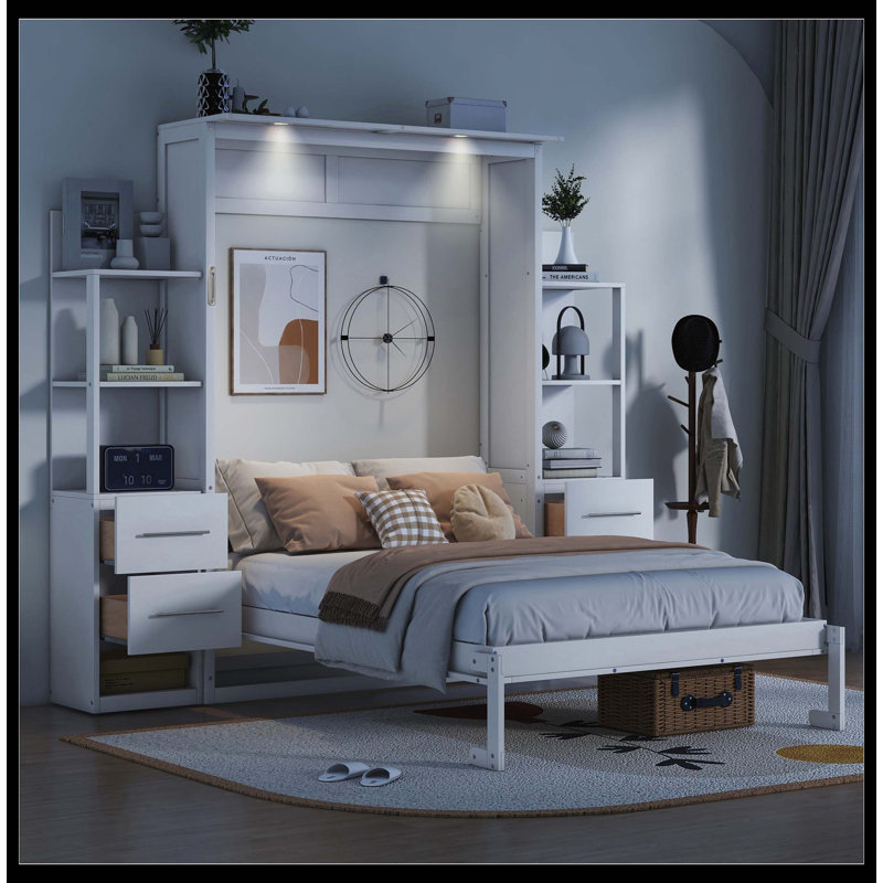 Lit escamotable double pleine grandeur avec tablettes, tiroirs et lumières DEL, blanc