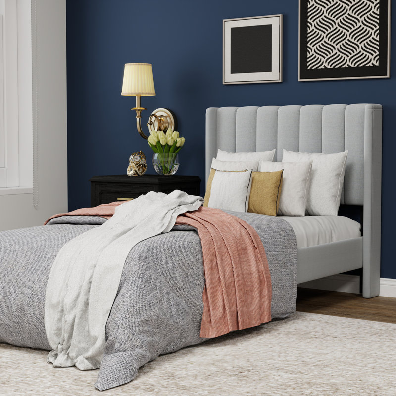 Upholstered Wingback Platform Bed, Light Gray, Twin